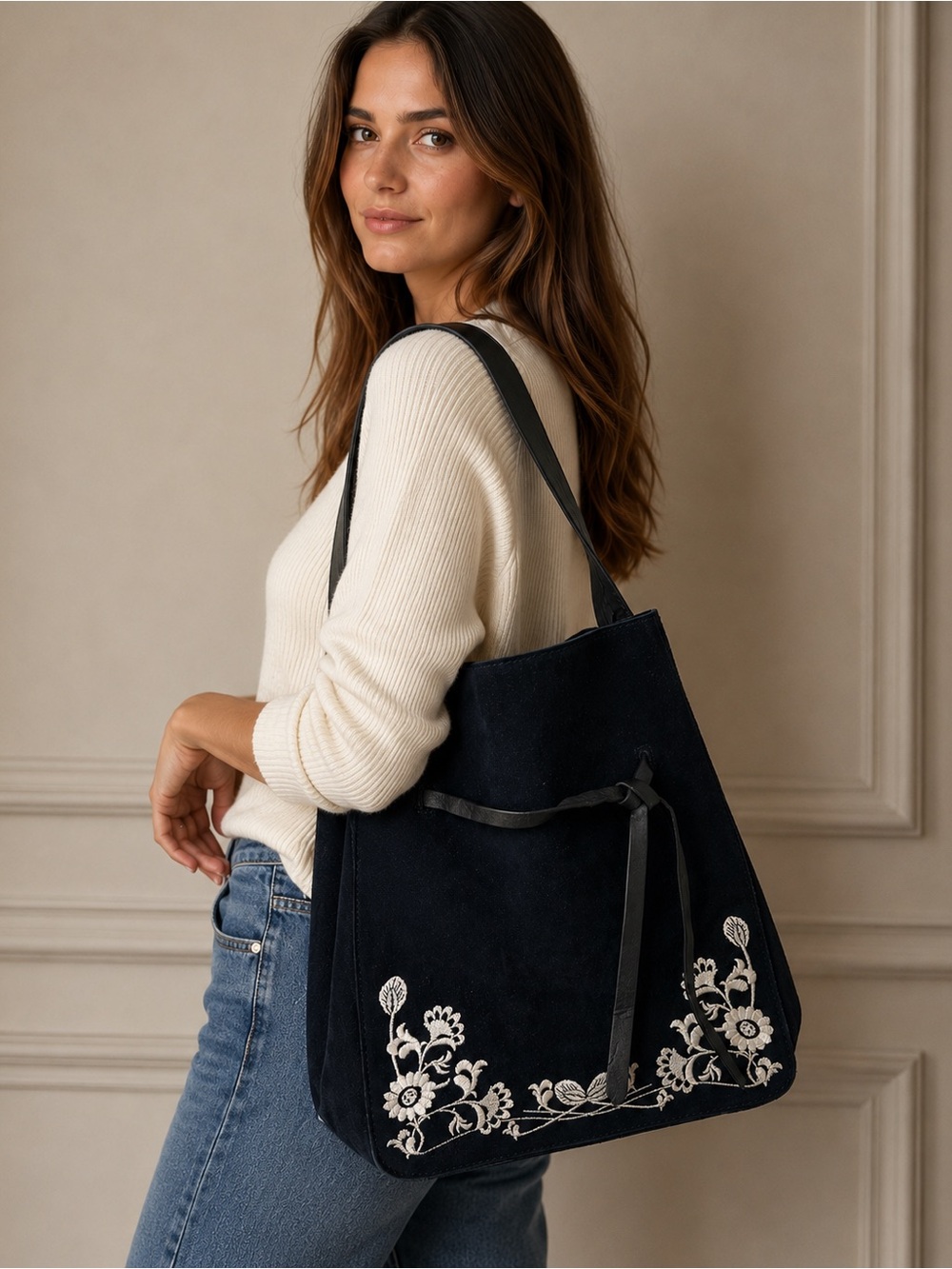 Artisan blue suede and black leather strap embroidered shoulder bag